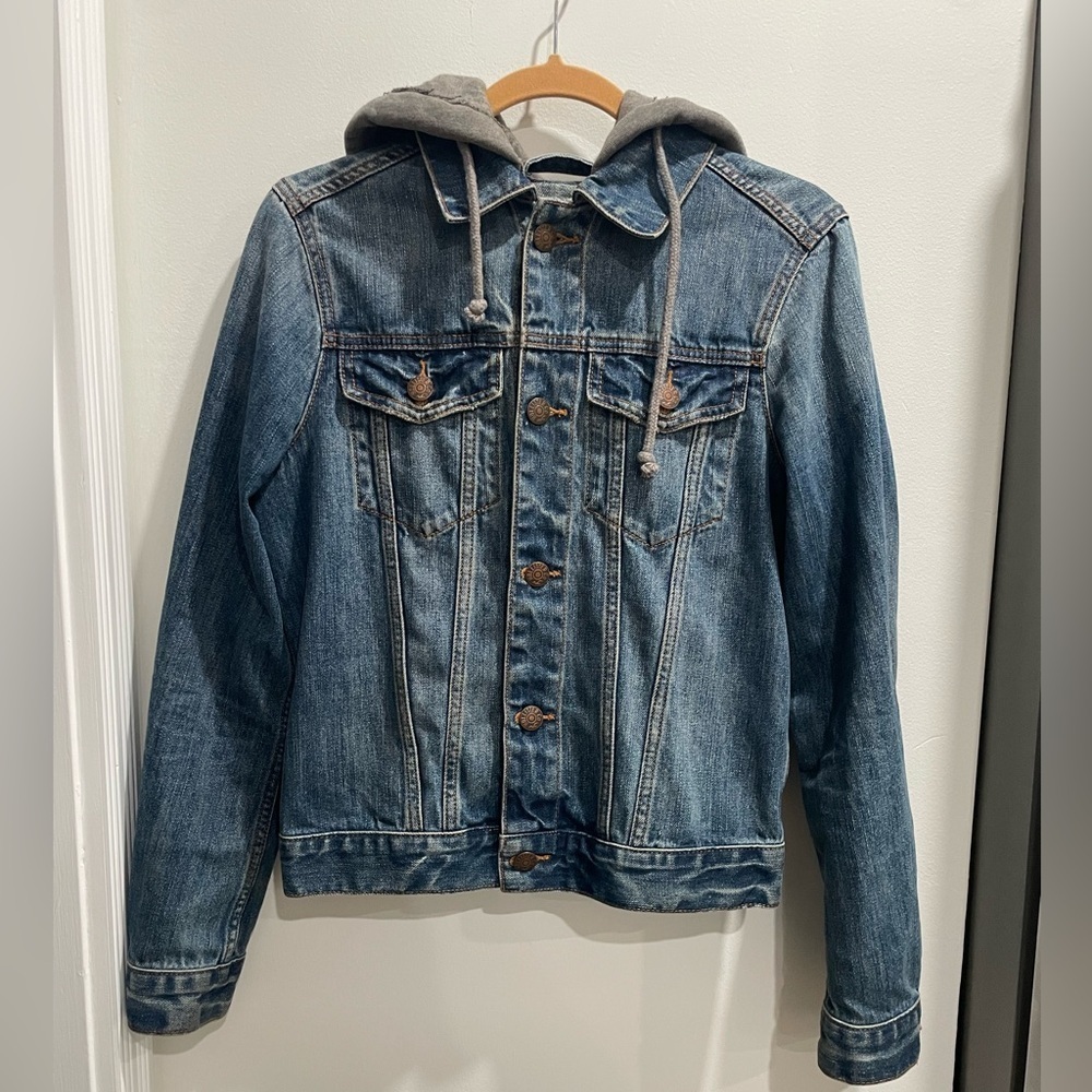 Hollister Size S Blue Denim Jacket with Gray Hood